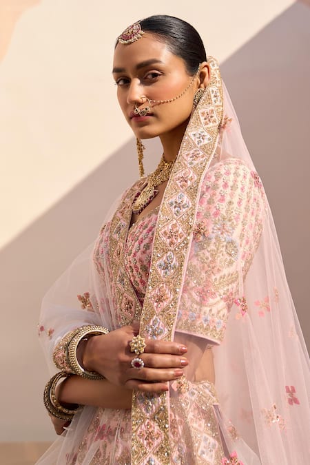 Shop Angad Singh Pink Silk Sequins, Zari Floral Zardozi Embroidered Pastel Bridal Lehenga Set Online at Aza Fashions Shop_Angad Singh_Pink Silk Sequins, Zari Floral Zardozi Embroidered Pastel Bridal Lehenga Set _Online_at_Aza_Fashions