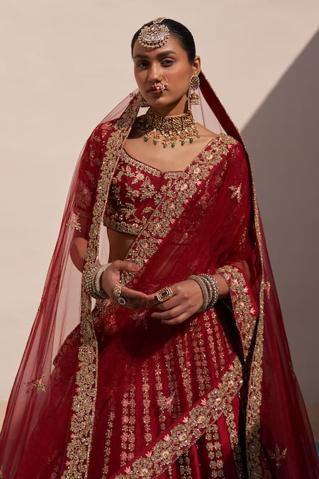 Angad Singh_Maroon Silk Sequins, Cut Work, Embroidery Zardozi Floral Bridal Lehenga Set _Online_at_Aza_Fashions