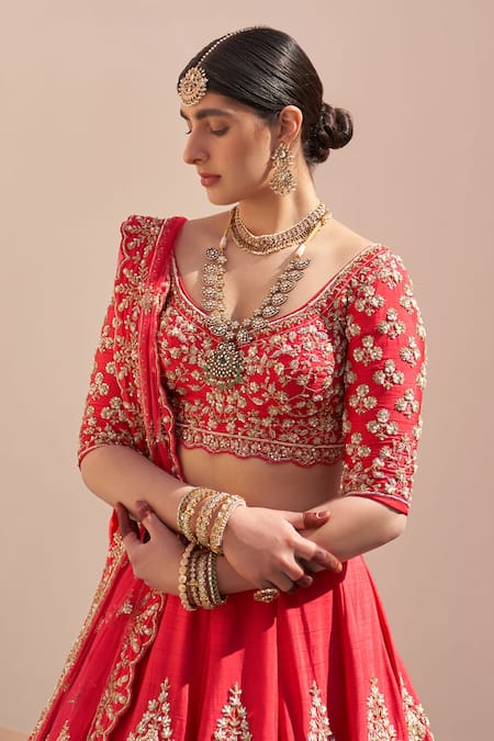 Angad Singh_Red Silk Sequins, Diamonds, Zari, Zardozi Embroidered Raw Bridal Lehenga Set _Online_at_Aza_Fashions