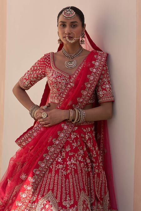 Buy_Angad Singh_Red Silk Cut Work, Zari Zardozi Floral Pattern Embroidered Bridal Lehenga Set _Online_at_Aza_Fashions