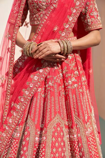 Shop_Angad Singh_Red Silk Cut Work, Zari Zardozi Floral Pattern Embroidered Bridal Lehenga Set _Online_at_Aza_Fashions