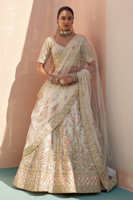 Angad Singh_Ivory Silk Sequins, Zari, Cut Work Cutdana Embroidered Bridal Lehenga Set _Online_at_Aza_Fashions