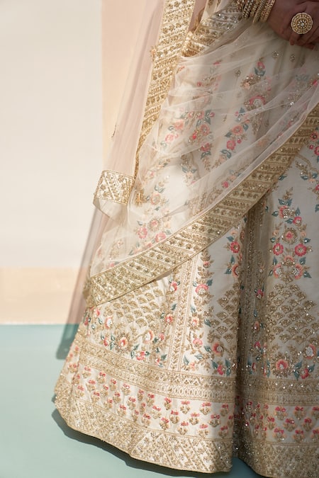 Angad Singh_Ivory Silk Sequins, Zari, Cut Work Cutdana Embroidered Bridal Lehenga Set _at_Aza_Fashions