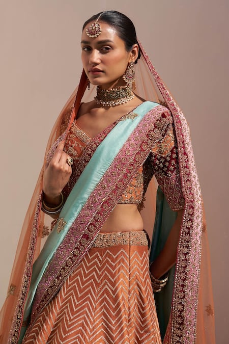 Shop_Angad Singh_Orange Silk Embroidery, Cut Work, Sequins, Chevron Pattern Bridal Lehenga Set _Online_at_Aza_Fashions