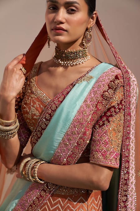 Angad Singh_Orange Silk Embroidery, Cut Work, Sequins, Chevron Pattern Bridal Lehenga Set _at_Aza_Fashions