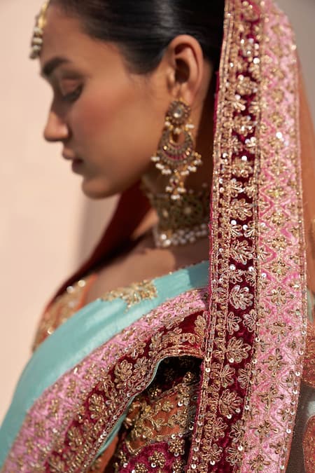 Buy_Angad Singh_Orange Silk Embroidery, Cut Work, Sequins, Chevron Pattern Bridal Lehenga Set 