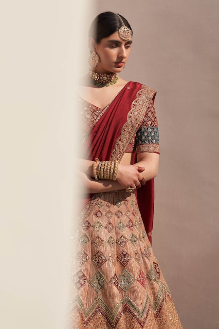 Angad Singh Beige Silk, Chiffon Sequins, Zari Zardozi Embroidered Bridal Lehenga Set Online at Aza Fashions Angad Singh_Beige Silk, Chiffon Sequins, Zari Zardozi Embroidered Bridal Lehenga Set _Online_at_Aza_Fashions