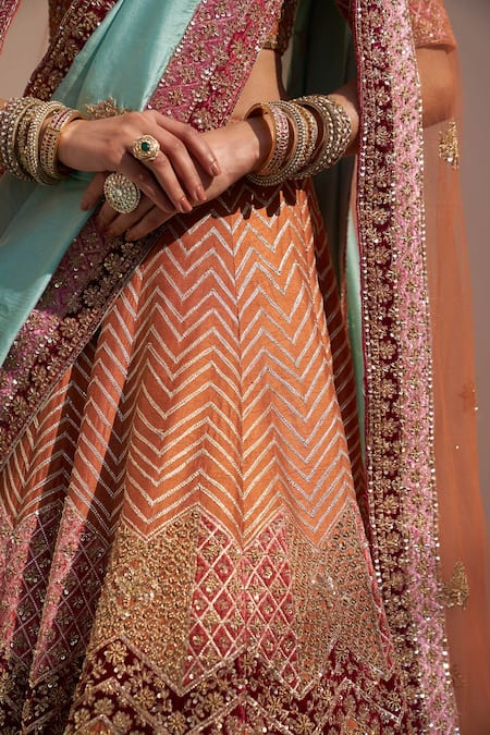 Shop_Angad Singh_Orange Silk Embroidery, Cut Work, Sequins, Chevron Pattern Bridal Lehenga Set 
