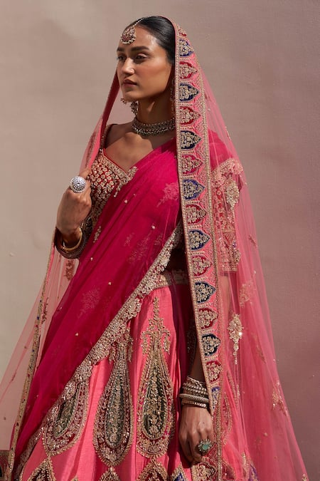 Shop_Angad Singh_Pink Silk Sequins, Zari Velvet Applique Embroidered Raw Bridal Lehenga Set _Online_at_Aza_Fashions