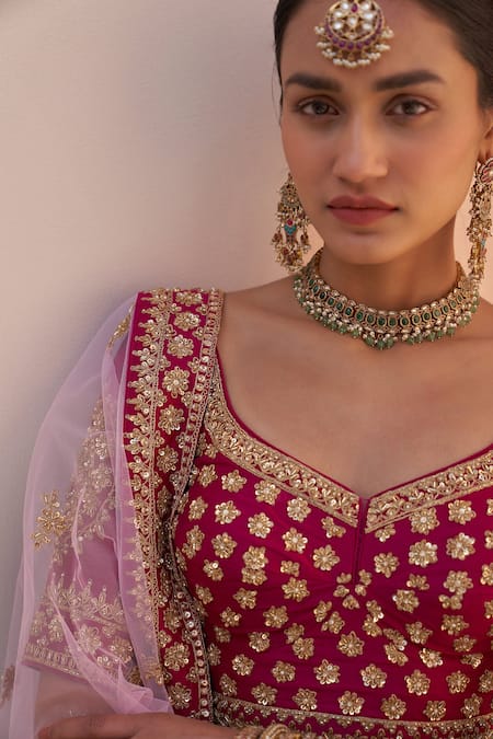 Shop Angad Singh Wine Silk, Chiffon Cut Work, Embroidered Scallop Border Bridal Lehenga Set Online at Aza Fashions Shop_Angad Singh_Wine Silk, Chiffon Cut Work, Embroidered Scallop Border Bridal Lehenga Set _Online_at_Aza_Fashions