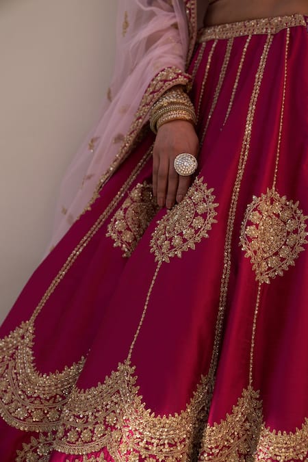 Angad Singh Wine Silk, Chiffon Cut Work, Embroidered Scallop Border Bridal Lehenga Set at Aza Fashions Angad Singh_Wine Silk, Chiffon Cut Work, Embroidered Scallop Border Bridal Lehenga Set _at_Aza_Fashions