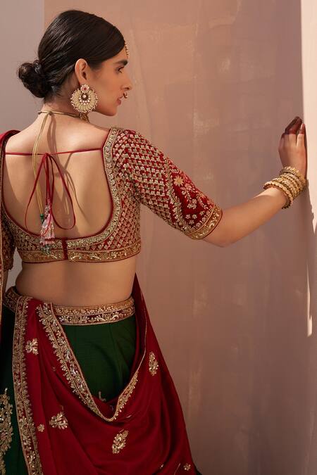 Angad Singh_Green Silk, Net Embroidery, Cut Work, Sequins Applique Raw Bridal Lehenga Set _Online_at_Aza_Fashions