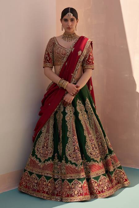 Buy_Angad Singh_Green Silk, Net Embroidery, Cut Work, Sequins Applique Raw Bridal Lehenga Set _Online_at_Aza_Fashions