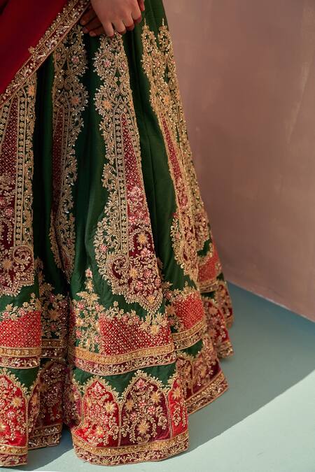 Shop_Angad Singh_Green Silk, Net Embroidery, Cut Work, Sequins Applique Raw Bridal Lehenga Set _Online_at_Aza_Fashions