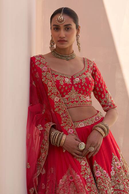 Buy_Angad Singh_Red Silk Cut Work, Sequins Plunge Flower Embroidered Raw Bridal Lehenga Set _Online_at_Aza_Fashions