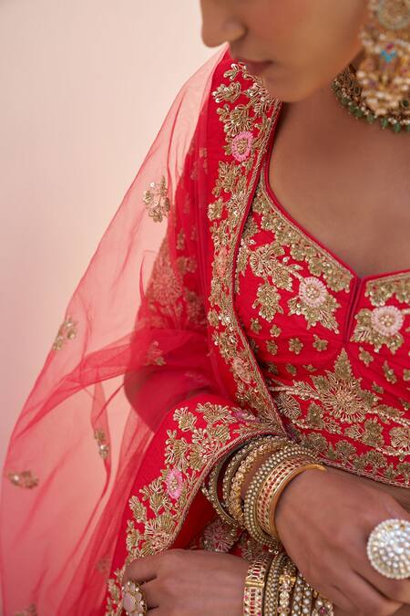 Shop_Angad Singh_Red Silk Cut Work, Sequins Plunge Flower Embroidered Raw Bridal Lehenga Set _Online_at_Aza_Fashions