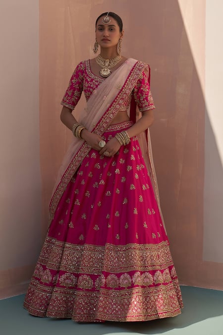 Angad Singh Pink Silk Sequins, Zari Asymmetric And Zardozi Embroidered Bridal Lehenga Set Online at Aza Fashions Angad Singh_Pink Silk Sequins, Zari Asymmetric And Zardozi Embroidered Bridal Lehenga Set _Online_at_Aza_Fashions