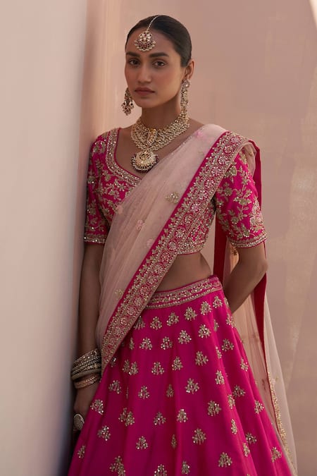 Buy Angad Singh Pink Silk Sequins, Zari Asymmetric And Zardozi Embroidered Bridal Lehenga Set Online at Aza Fashions Buy_Angad Singh_Pink Silk Sequins, Zari Asymmetric And Zardozi Embroidered Bridal Lehenga Set _Online_at_Aza_Fashions
