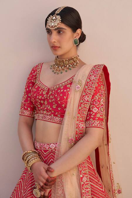 Angad Singh Red Silk Zari, Sequins, Cut Work, Embroidery Plunge Zardozi Bridal Lehenga Set Online at Aza Fashions Angad Singh_Red Silk Zari, Sequins, Cut Work, Embroidery Plunge Zardozi Bridal Lehenga Set _Online_at_Aza_Fashions