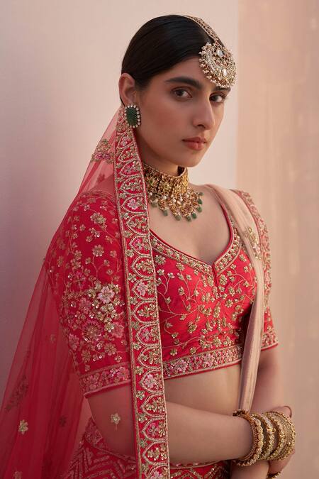 Angad Singh Red Silk Zari, Sequins, Cut Work, Embroidery Plunge Zardozi Bridal Lehenga Set at Aza Fashions Angad Singh_Red Silk Zari, Sequins, Cut Work, Embroidery Plunge Zardozi Bridal Lehenga Set _at_Aza_Fashions
