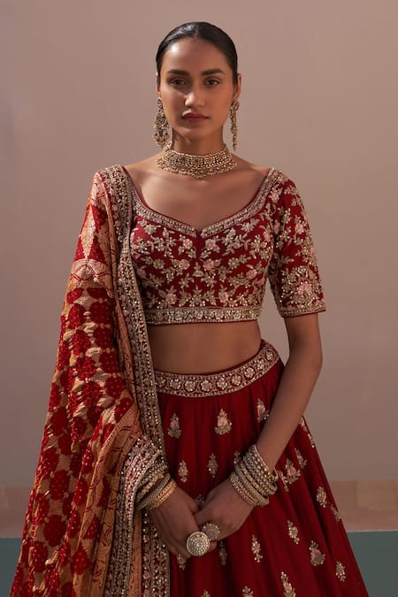 Angad Singh Maroon Silk, Chiffon Sequins, Zari, Floral Zardozi Bridal Lehenga Set at Aza Fashions Angad Singh_Maroon Silk, Chiffon Sequins, Zari, Floral Zardozi Bridal Lehenga Set _at_Aza_Fashions
