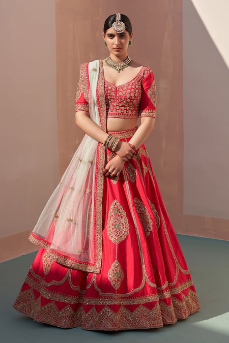 Angad Singh_Red Silk, Chiffon Embroidery, Sequins, Zari Zardozi And Bridal Lehenga Set _Online_at_Aza_Fashions