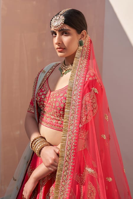 Angad Singh_Red Silk, Chiffon Embroidery, Sequins, Zari Zardozi And Bridal Lehenga Set _at_Aza_Fashions