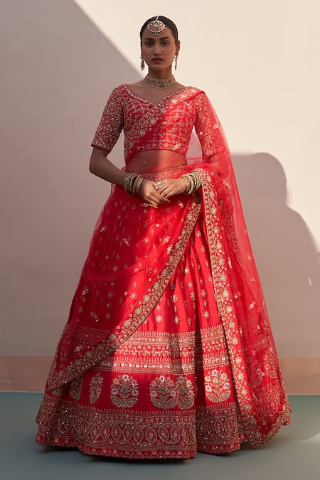 Angad Singh_Red Silk Sequins, Zari, Cut Work Floral Embroidered Bridal Lehenga Set _Online_at_Aza_Fashions
