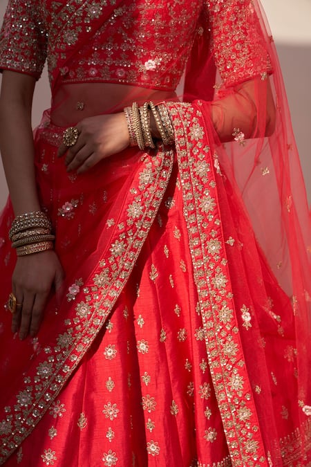 Shop_Angad Singh_Red Silk Sequins, Zari, Cut Work Floral Embroidered Bridal Lehenga Set _Online_at_Aza_Fashions
