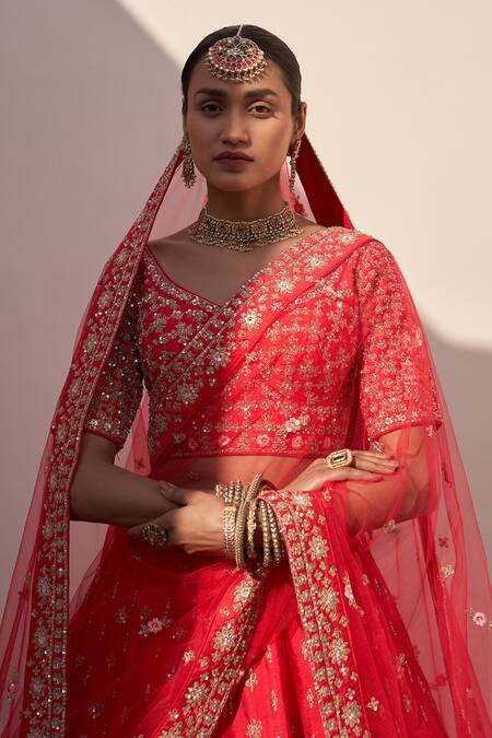 Angad Singh_Red Silk Sequins, Zari, Cut Work Floral Embroidered Bridal Lehenga Set _at_Aza_Fashions