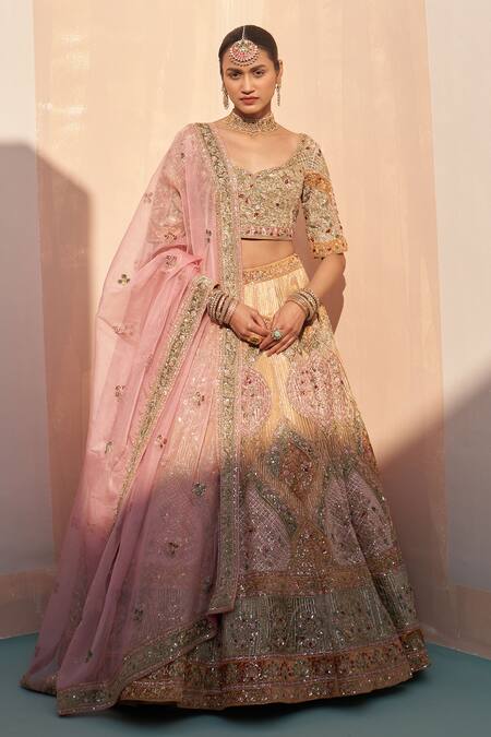 Angad Singh_Gold Organza Sequins, Embroidery, Zari Boat Neck Zardozi Bridal Lehenga Set _Online_at_Aza_Fashions