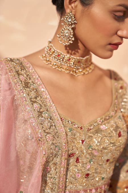 Buy_Angad Singh_Gold Organza Sequins, Embroidery, Zari Boat Neck Zardozi Bridal Lehenga Set _Online_at_Aza_Fashions
