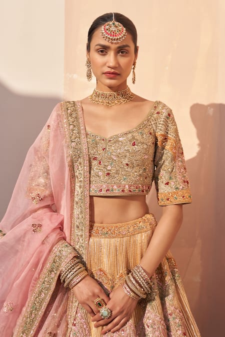 Shop_Angad Singh_Gold Organza Sequins, Embroidery, Zari Boat Neck Zardozi Bridal Lehenga Set _Online_at_Aza_Fashions