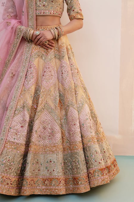 Angad Singh_Gold Organza Sequins, Embroidery, Zari Boat Neck Zardozi Bridal Lehenga Set _at_Aza_Fashions