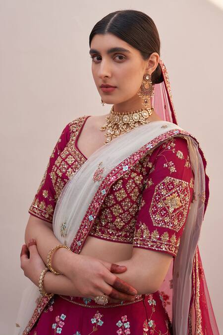 Angad Singh Wine Silk Cut Work, Sequins Floral Zardozi Embroidered Bridal Lehenga Set at Aza Fashions Angad Singh_Wine Silk Cut Work, Sequins Floral Zardozi Embroidered Bridal Lehenga Set _at_Aza_Fashions