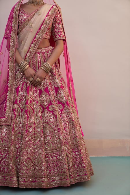 Buy_Angad Singh_Pink Silk, Chiffon Zari, Cut Work, Raw Zardozi Embroidered Bridal Lehenga Set _Online_at_Aza_Fashions