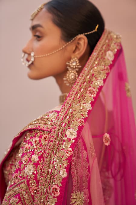 Shop_Angad Singh_Pink Silk, Chiffon Zari, Cut Work, Raw Zardozi Embroidered Bridal Lehenga Set _Online_at_Aza_Fashions