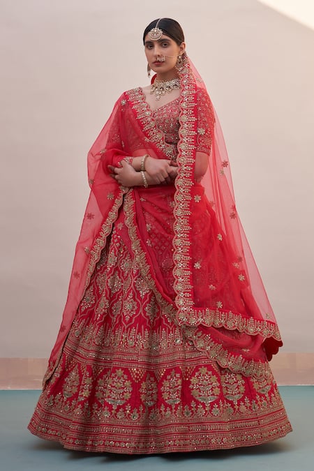 Angad Singh Red Raw Silk Embroidery Zardozi Leaf Neck Work Bridal Lehenga Set