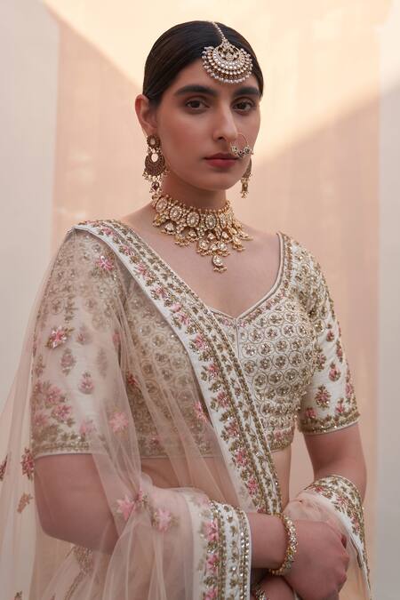 Buy_Angad Singh_Ivory Silk Sequins, Cut Work Floral Embroidered Raw Bridal Lehenga Set _Online_at_Aza_Fashions