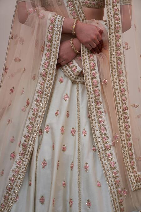 Shop_Angad Singh_Ivory Silk Sequins, Cut Work Floral Embroidered Raw Bridal Lehenga Set _Online_at_Aza_Fashions