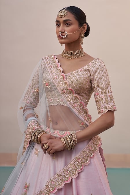 Shop_Angad Singh_Pink Silk, Net Zari, Sequins, Cut Work, Thread Embroidered Bridal Lehenga Set _Online_at_Aza_Fashions