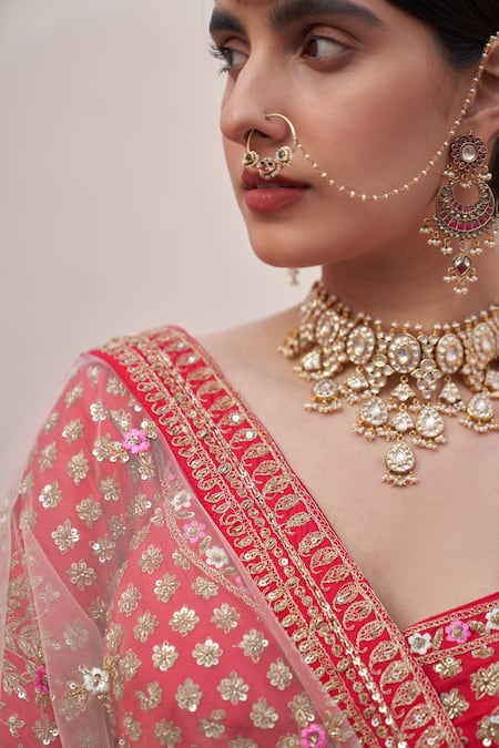 Angad Singh Red Silk Embroidery, Sequins Zardozi Floral Pattern Bridal Lehenga Set at Aza Fashions Angad Singh_Red Silk Embroidery, Sequins Zardozi Floral Pattern Bridal Lehenga Set _at_Aza_Fashions