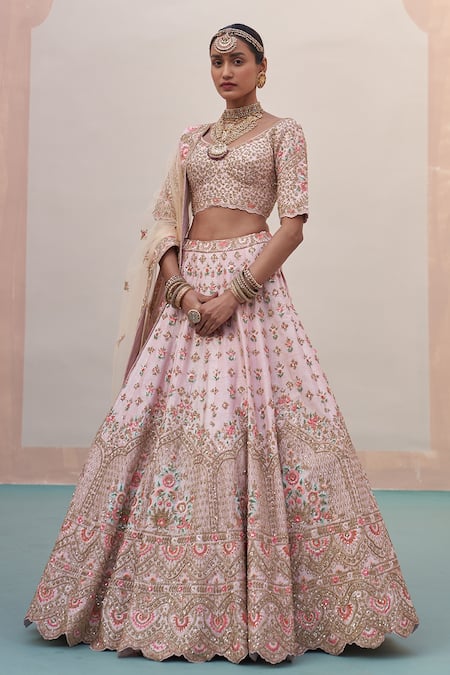 Angad Singh_Pink Silk, Net Zari, Sequins Asymmetric Zardozi Embroidered Bridal Lehenga Set _Online_at_Aza_Fashions