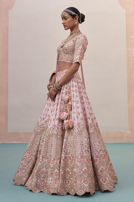 Buy_Angad Singh_Pink Silk, Net Zari, Sequins Asymmetric Zardozi Embroidered Bridal Lehenga Set _Online_at_Aza_Fashions