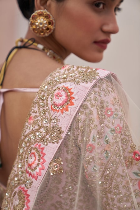 Shop_Angad Singh_Pink Silk, Net Zari, Sequins Asymmetric Zardozi Embroidered Bridal Lehenga Set _Online_at_Aza_Fashions