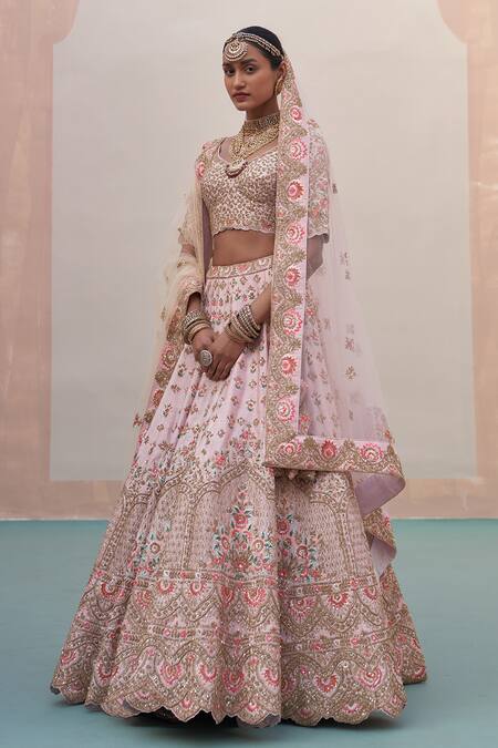 Buy_Angad Singh_Pink Silk, Net Zari, Sequins Asymmetric Zardozi Embroidered Bridal Lehenga Set 