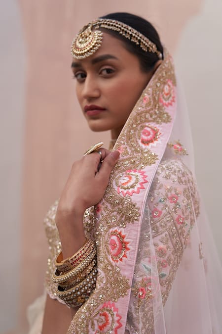 Shop_Angad Singh_Pink Silk, Net Zari, Sequins Asymmetric Zardozi Embroidered Bridal Lehenga Set 