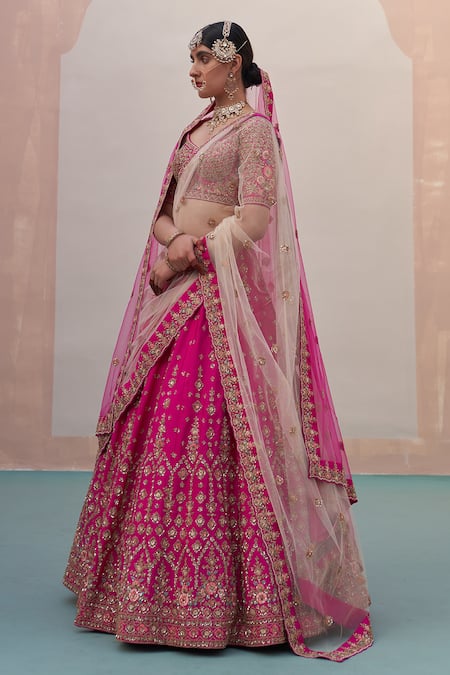Angad Singh_Pink Silk, Net Embroidery, Sequins, Cut Work, Zari Bridal Lehenga Set _Online_at_Aza_Fashions