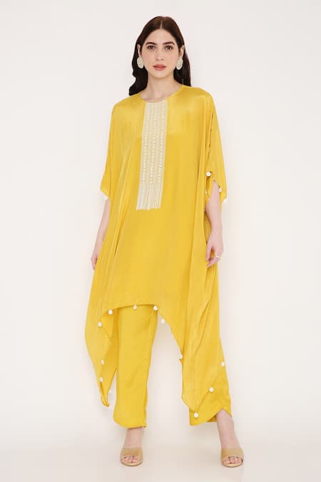 Bha Sha_Yellow Crepe, Satin Sequins, Beads Aster Placket Embroidered Kaftan And Pant Set _Online_at_Aza_Fashions