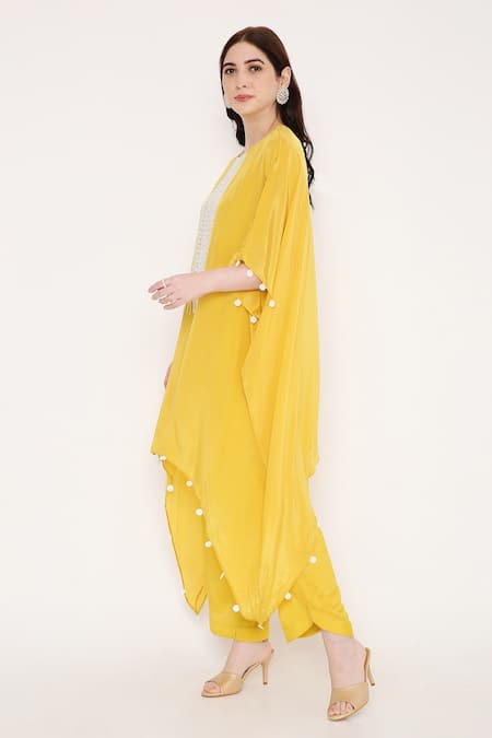 Buy_Bha Sha_Yellow Crepe, Satin Sequins, Beads Aster Placket Embroidered Kaftan And Pant Set _Online_at_Aza_Fashions